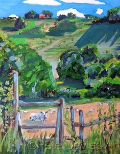 NEW PETE DAVIES ORIGINAL "West Sussex Sheep" SUSSEX FARM OIL LANDSCAPE PAINTING - Picture 1 of 1