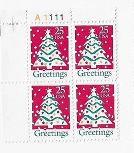 US Season's Greetings Christmas Tree 25c Stamp Plate Block of 4 Scott #2515 - Picture 1 of 1