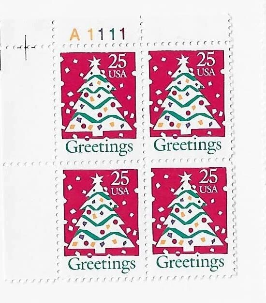 US Season's Greetings Christmas Tree 25c Stamp Plate Block of 4 Scott #2515 - Image 1 of 1