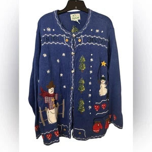 Quacker Factory Blue Knit Holiday Christmas Snowman Cardigan - Picture 1 of 9