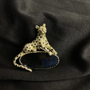Vintage Elle Leopard Brosche Schwarz Blau Emaille Elegant Retro Glam Exotisch - Bild 1 von 7