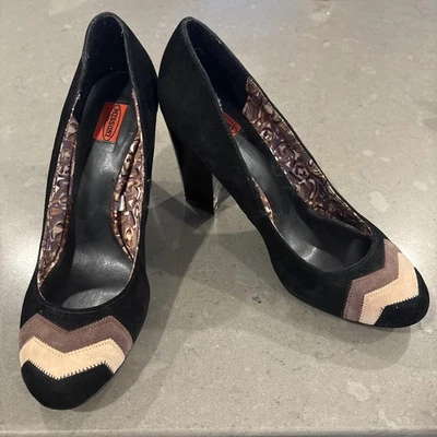 Zapato de salón Y2K Missoni x Target gamuza Chevron tacón bloque negro marrón para mujer talla 8 Foto 1 de 4
