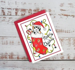 Adorable gato Calico en una media de Navidad, tarjeta de Navidad, tarjeta de nota #996 - Imagen 1 de 2