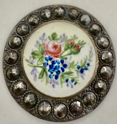 Antique Victorian Enamel Center Button With Cut Steel Border - Image 1 of 2