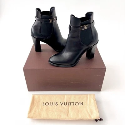 LOUIS VUITTON | Botines de cuero negro logotipo LV hebilla tacón bloque EU 37 Foto 1 de 4