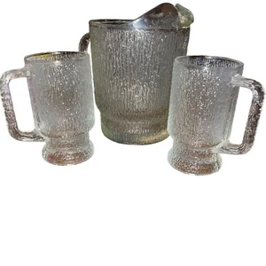 Indiana Glass Crystal Ice Pitcher 2 Footed Mugs Tree Bark Vintage - Picture 1 of 10