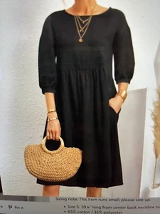 La Mode Woman Black Gathered Three- Quarter Sleeve Pocket Shift Dress, Size M - Picture 1 of 7
