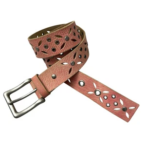 Fossil Womens Pink Leather Belt Medium Silver Buckle Boho Floral Cut Out Stud - Picture 1 of 10