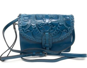 Patricia Nash Full Grain Leather Burnished Tooled Crossbody Bag Caribbean Blue - Picture 1 of 4