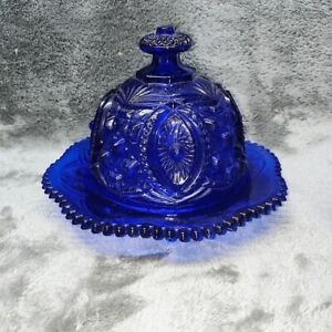 Vtg Cobalt Blue Glass INVERTED THISTLE Round Dome Covered Butter / Cheese Dish