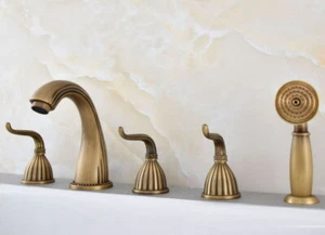 Antique Brass Bath 5-holes Roman Tub Faucet Mixer Tap With Hand Spray Shower  - Picture 1 of 8