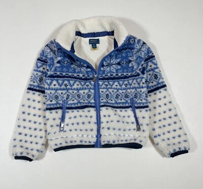 Polo Ralph Lauren Fair Isle Fleece Jacket White Blue Snowflake Girls Size 7 - Image 1 of 4