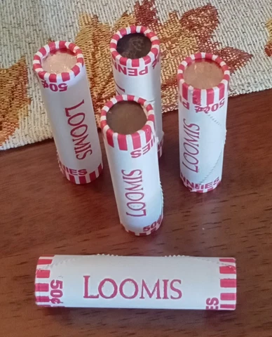 5 Original Unsearched Rolls of Pennies, OBW possible wheat, error coins Loomis Cover