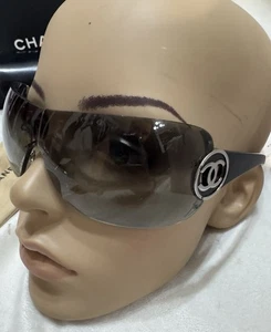 CHANEL Sunglasses AUTHENTIC Rimless Shield Black Silver Cc Vintage 4145 Wrap Y2K - Picture 1 of 13