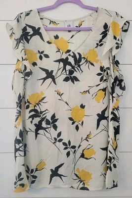 Blusa CABI Cola de Golondrina Floral Blanca Negra Amarilla Pájaro Flor Flutter Para Mujer L Foto 1 de 4