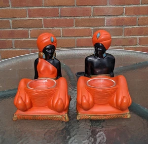 Pair MCM Nubian Genie Chalkware Figures Ashtray Trinket Dish Danesi Arts Canada - Picture 1 of 22