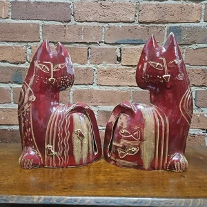 Pair Of Vintage 1970s Folk Art Pottery Cats 28cm High  - Picture 1 of 8