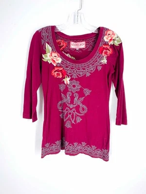 Top de diseñador JWLA talla S borgoña/multi floral bordado manga 3/4 Foto 1 de 4