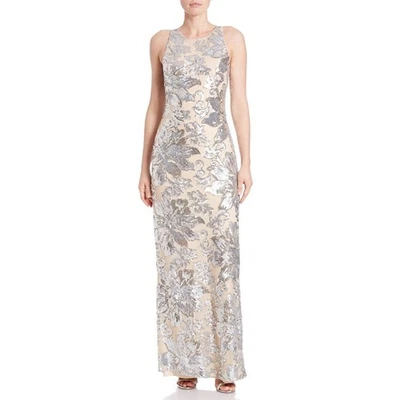 Badgley Mischka Silver Floral Sequin Embellished Evening Gown Size 2 - Image 1 of 4