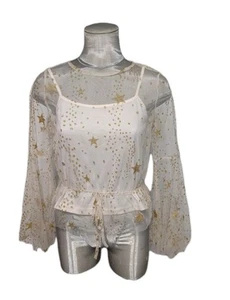 Danity Paris Sheer Mesh Gold Star Print Shirt  Size Small - Bild 1 von 12