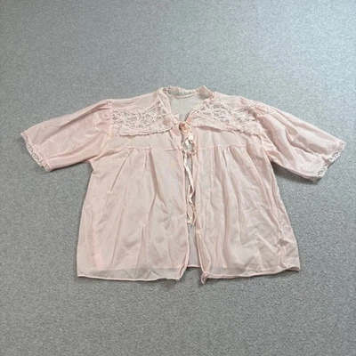Vintage Shirt Woman M Pink Satin Sheer Lingerie Lace Ruffle Tie Coquette Jacket - Image 1 of 4