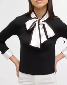 NWOT $440 ALICE & OLIVIA Justina Combo Wool Tie-Neck Pullover Sweater XS Black - Picture 1 of 10