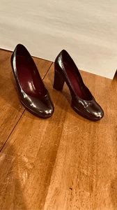 Coach Brown Bronze Block Leather Heels Round Toe Womens Size 8 - Picture 1 of 12