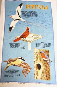 Vintage Irish Linen BERMUDA BIRDS Longtails Cardinals Bluebirds TEA Dish TOWEL  - Picture 1 of 8