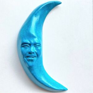 Handmade Blue Crescent Moon Wall Sculpture, Signed Collectible, Ready to Hang