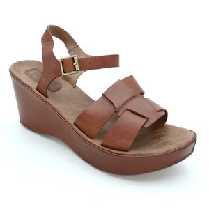 Korks Ladies 10/42 Wedge Strappy Brown Leather Heels Ankle Strap Sandals - Picture 1 of 12
