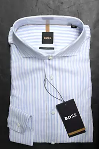 Hugo Boss $298 Men's Hays Spread Slim Fit Blue Striped Cotton Dress Shirt 41 16 - Picture 1 of 5
