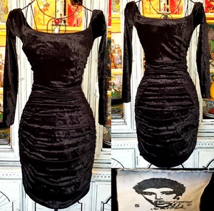 Vintage Betsey Johnson 80s Punk Label Black Crushed Velvet Ruched Wiggle Dress S - Picture 1 of 9