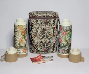 Vintage Aladdin Thermos Set Hot/Cold In Needlepoint Print Vinyl Lunch/Brunch Bag - Picture 1 of 14