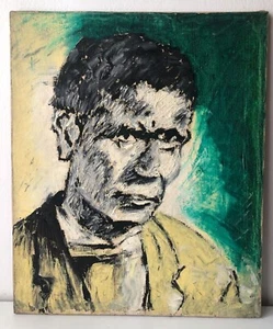 Olio su tela - Emilio Delfino/ Luglio 1960 -Uomo fondo smeraldo/ quadro /Vintage - Foto 1 di 7