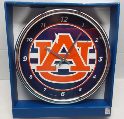 Auburn University (AU) Wincraft Chrome Round Wall Clock / NCAA Sign Banner / NEW - Image 1 of 4