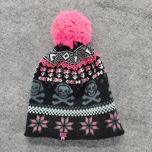 Nike Beanie Youth Size Pink Pom Gray Skulls Black Fair Isle - Picture 1 of 4