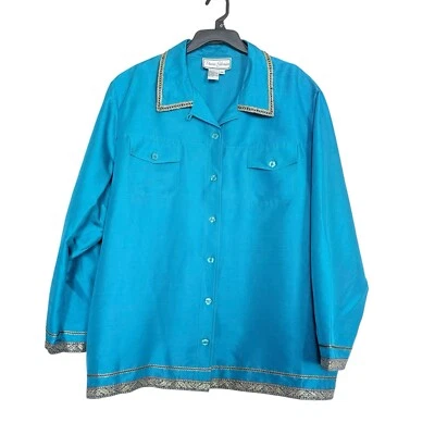 Blusa/chaqueta Diane Gilman para mujer talla 2X seda turquesa ribete dorado metálico nueva con etiquetas Foto 1 de 4