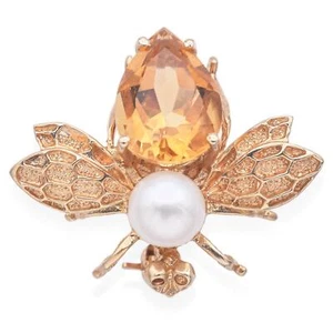 Vintage 14K Yellow Gold Pearl & Citrine Bee Bug Brooch Pin - Picture 1 of 6
