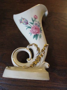 VTG 8" TALL SPAULDING CHINA FLORAL "CORNUCOPIA-HORN OF PLENTY" GOLD GILTED VASE - Picture 1 of 12