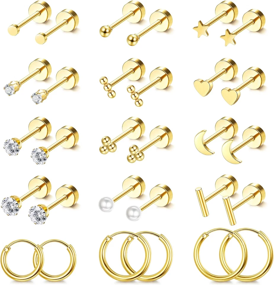 LOLIAS Small Hypoallergenic Flat Back Stud Earrings for Women Men 14K Gold Plate
