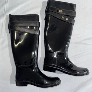 Women’s Designer Coach Talia Rain Boots Tall Waterproof Leather Rubber Luxury 8 - Picture 1 of 17