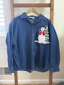 Camicia natalizia vintage denim donna taglia XL ricamata giacca jeans pupazzo di neve con bottoni - Foto 1 di 3