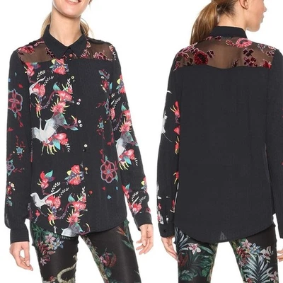 DESIGUAL Camisa Negra 'Magnolia' Estampado Floral y Pájaro Talla XL Colorido Novedad Foto 1 de 4