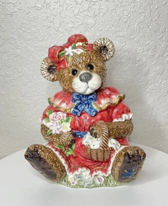 DOLOMITE Hand Painted Teddy Bear Cookie Jar w/Basket and Flowers 11” Tall - Picture 1 of 8