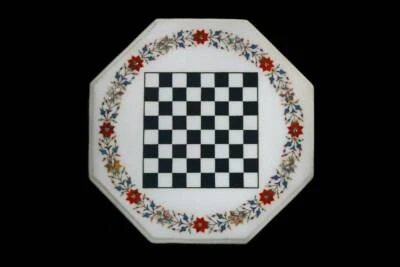 18'' white marble chess table top center inlay malachite home decor antique work - Image 1 of 4