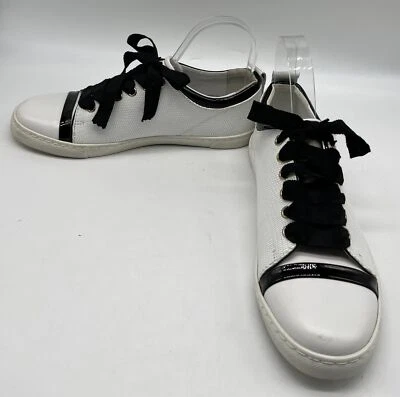 Lanvin Women's White Reptile-Embossed Lace Up Sneaker w/ Black Ribbon Laces sz37 - Image 1 of 4