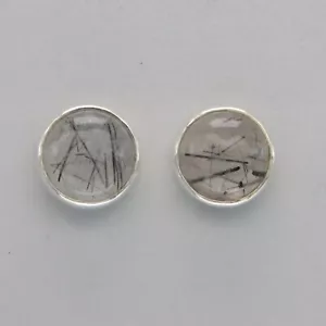 Aretes redondos blancos negros con poste de cuarzo rutilado - PLATA ESTERLINA 925 #1e - Imagen 1 de 35