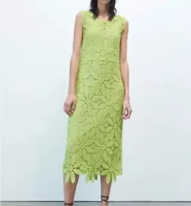 New size L ZARA green floral granny DOILY floral CROCHET long sleeveless DRESS - Picture 1 of 9
