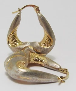 100% Genuine Vintage 9K Solid Yellow & White Gold Hollow Fat Hoop Earrings - Picture 1 of 10