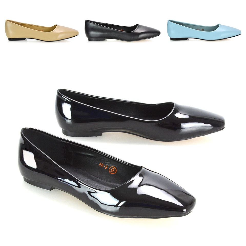 ESSEX GLAM Flache Damenschuhe Slipper eckige Zehenpartie Pumps Freizeit Schule Größe 3-8